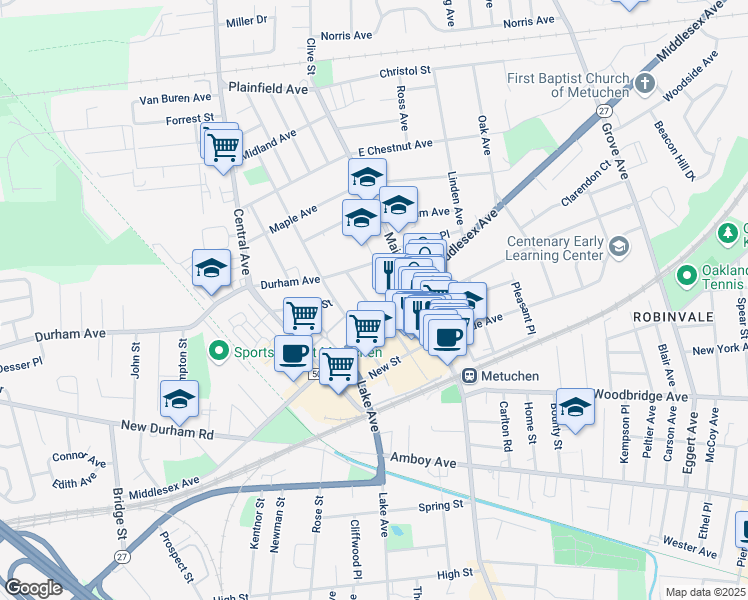 map of restaurants, bars, coffee shops, grocery stores, and more near 544 Middlesex Avenue in Metuchen