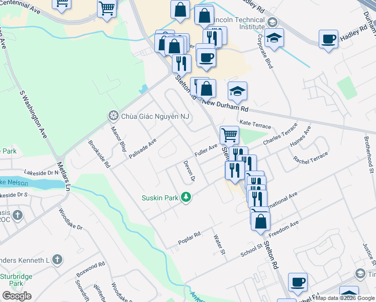 map of restaurants, bars, coffee shops, grocery stores, and more near 52 Gramercy Drive in Piscataway