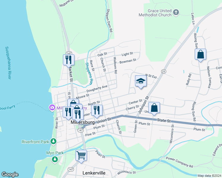 map of restaurants, bars, coffee shops, grocery stores, and more near 541 Moore Street in Millersburg