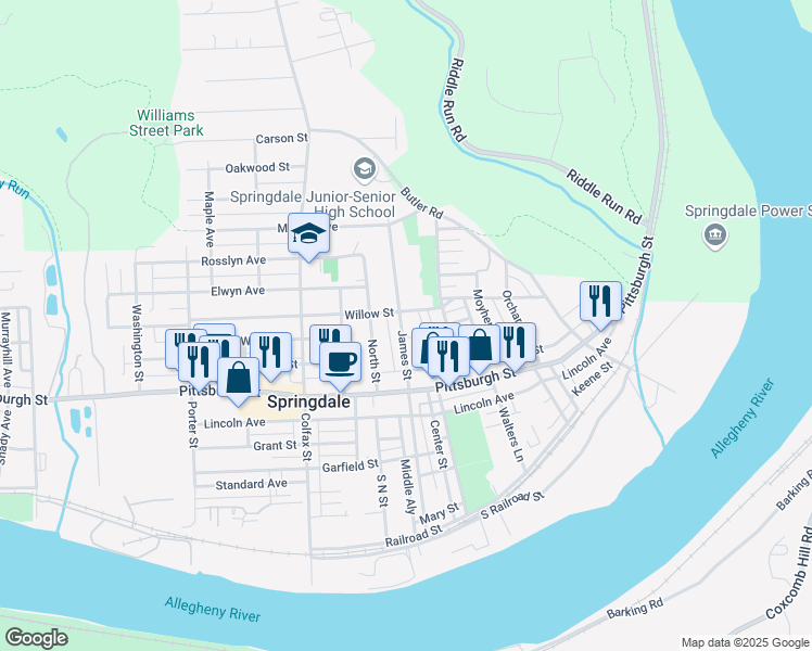 map of restaurants, bars, coffee shops, grocery stores, and more near 377 James Street in Springdale