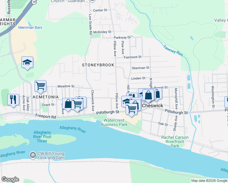 map of restaurants, bars, coffee shops, grocery stores, and more near 213 Pillow Avenue in Cheswick