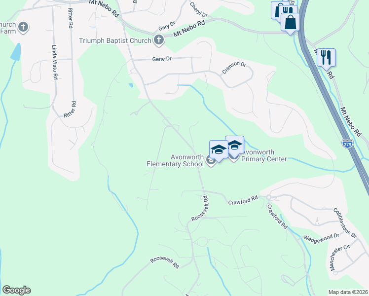 map of restaurants, bars, coffee shops, grocery stores, and more near 1415 Roosevelt Road in Pittsburgh
