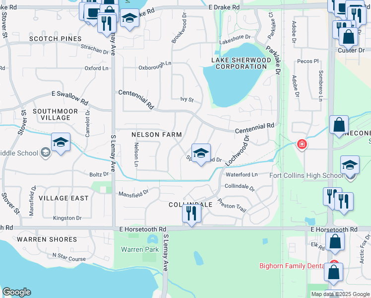 map of restaurants, bars, coffee shops, grocery stores, and more near 3200 Silverwood Drive in Fort Collins