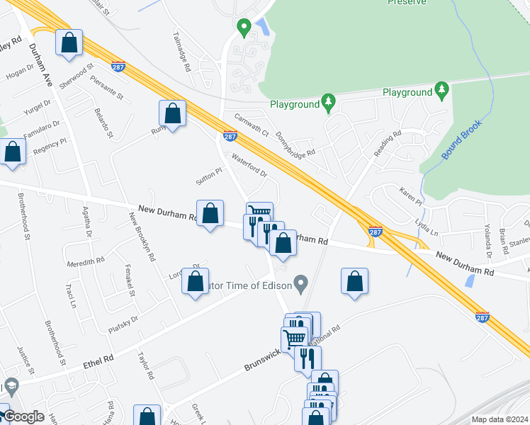 map of restaurants, bars, coffee shops, grocery stores, and more near 1534 Waterford Drive in Edison