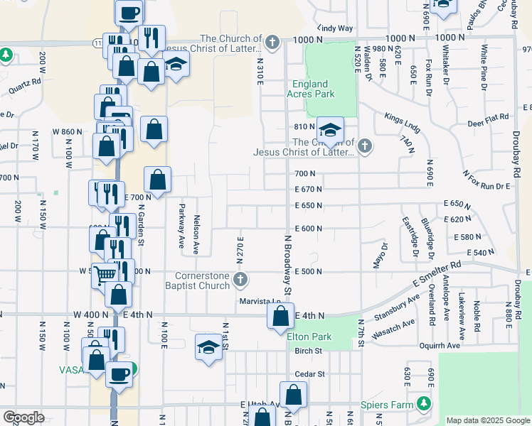 map of restaurants, bars, coffee shops, grocery stores, and more near 635 Chimesview Circle in Tooele
