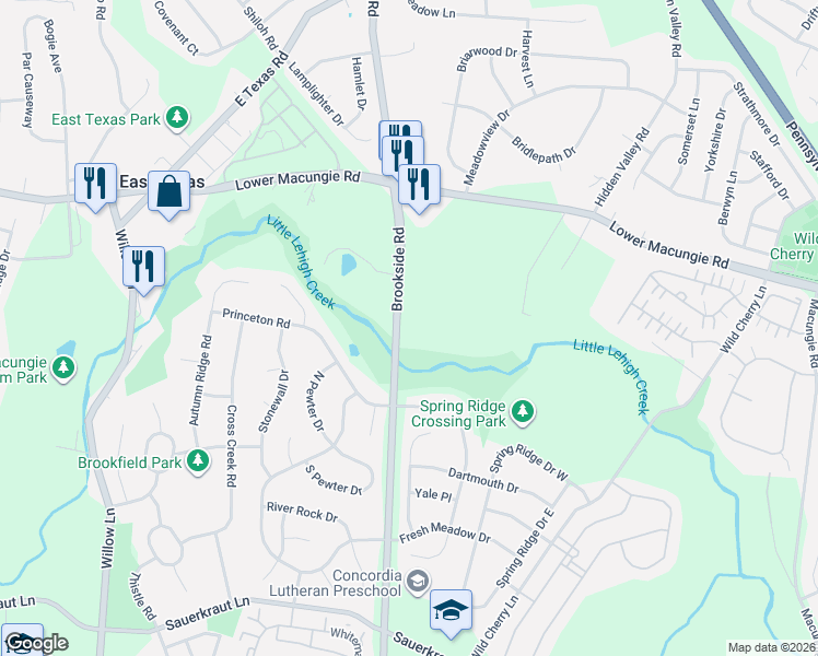 map of restaurants, bars, coffee shops, grocery stores, and more near 2173 North Brookside Road in Macungie