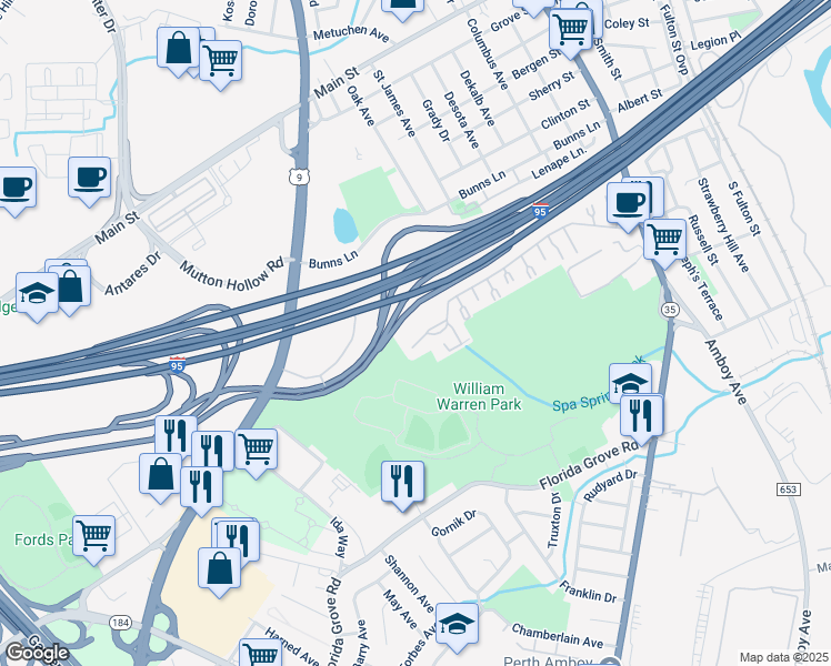 map of restaurants, bars, coffee shops, grocery stores, and more near 1025 Cricket Lane in Woodbridge Township