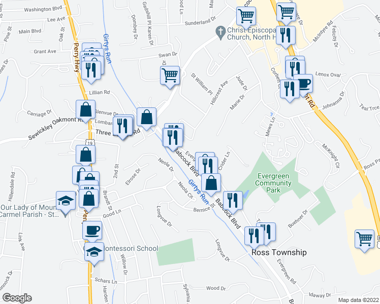 map of restaurants, bars, coffee shops, grocery stores, and more near 3480 Evergreen Road in Pittsburgh
