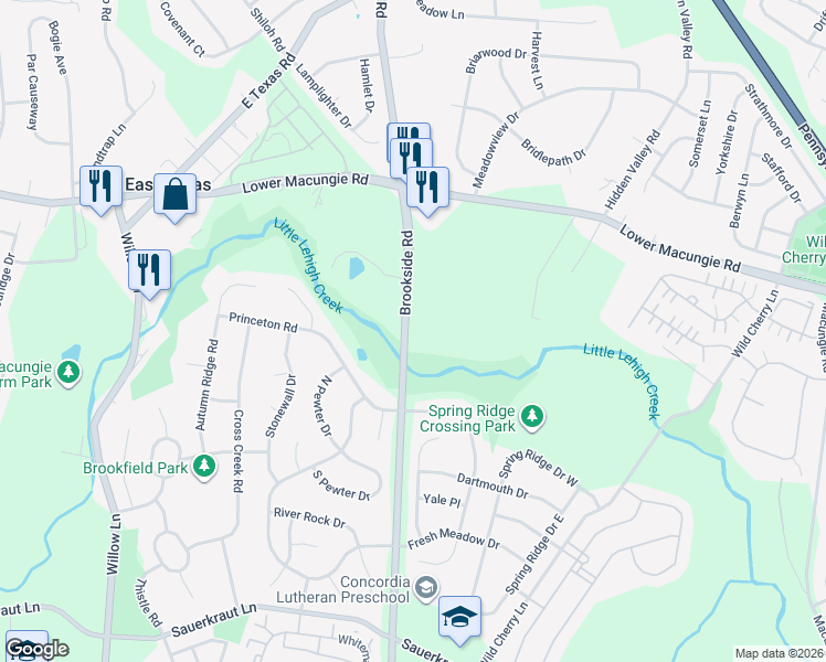 map of restaurants, bars, coffee shops, grocery stores, and more near 2173 North Brookside Road in Macungie