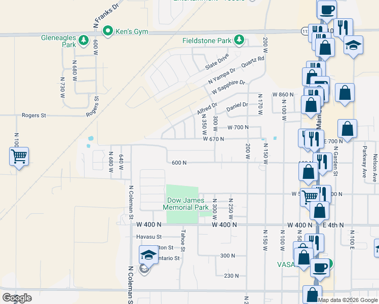 map of restaurants, bars, coffee shops, grocery stores, and more near 397 West 630 North Street in Tooele