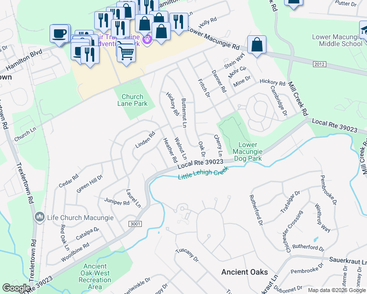 map of restaurants, bars, coffee shops, grocery stores, and more near 1502 Walnut Lane in Macungie