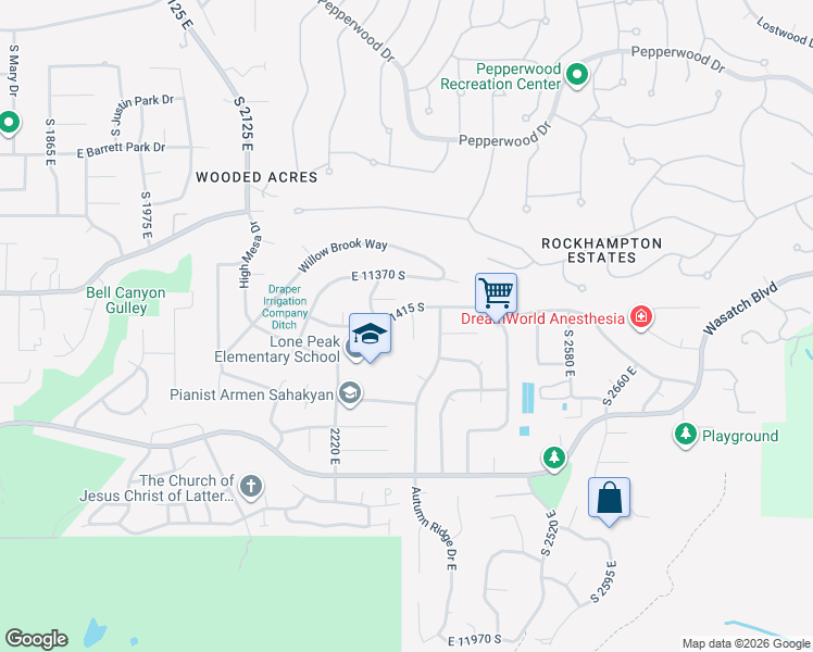 map of restaurants, bars, coffee shops, grocery stores, and more near 11446 South 2320 East in Sandy