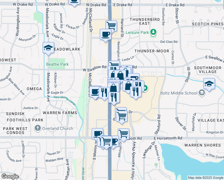 map of restaurants, bars, coffee shops, grocery stores, and more near 3120 South College Avenue in Fort Collins