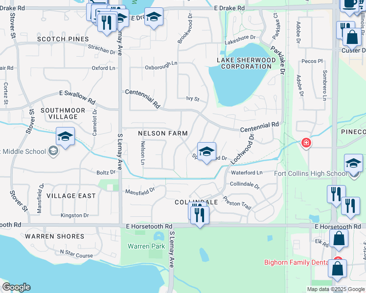 map of restaurants, bars, coffee shops, grocery stores, and more near 3200 Silverwood Drive in Fort Collins