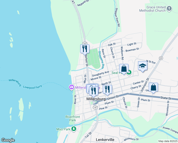 map of restaurants, bars, coffee shops, grocery stores, and more near 580 Market Street in Millersburg