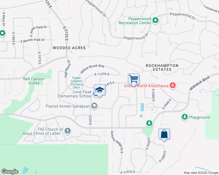 map of restaurants, bars, coffee shops, grocery stores, and more near 2294 East 11415 South in Sandy