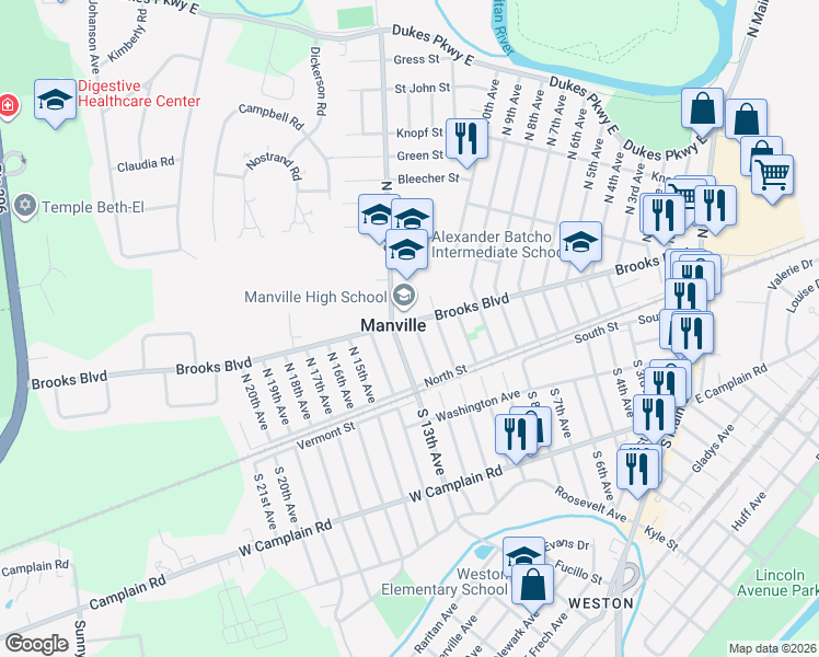 map of restaurants, bars, coffee shops, grocery stores, and more near 1111 Brooks Boulevard in Manville