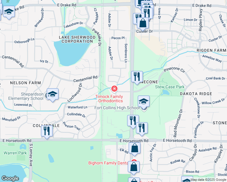 map of restaurants, bars, coffee shops, grocery stores, and more near 3221 Eastbrook Drive in Fort Collins
