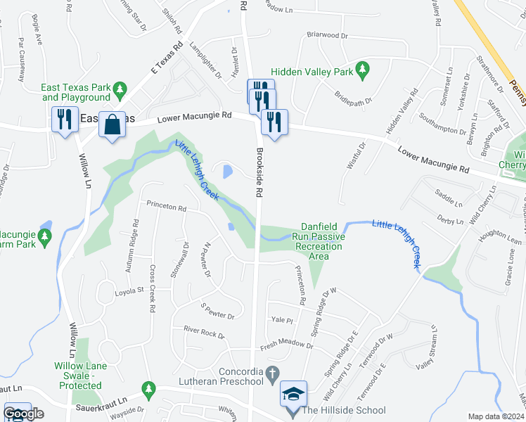 map of restaurants, bars, coffee shops, grocery stores, and more near 2173 North Brookside Road in Macungie
