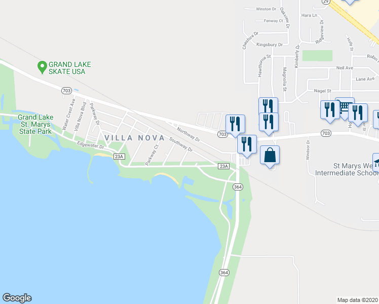 map of restaurants, bars, coffee shops, grocery stores, and more near 128 Lakewood Court in St. Marys