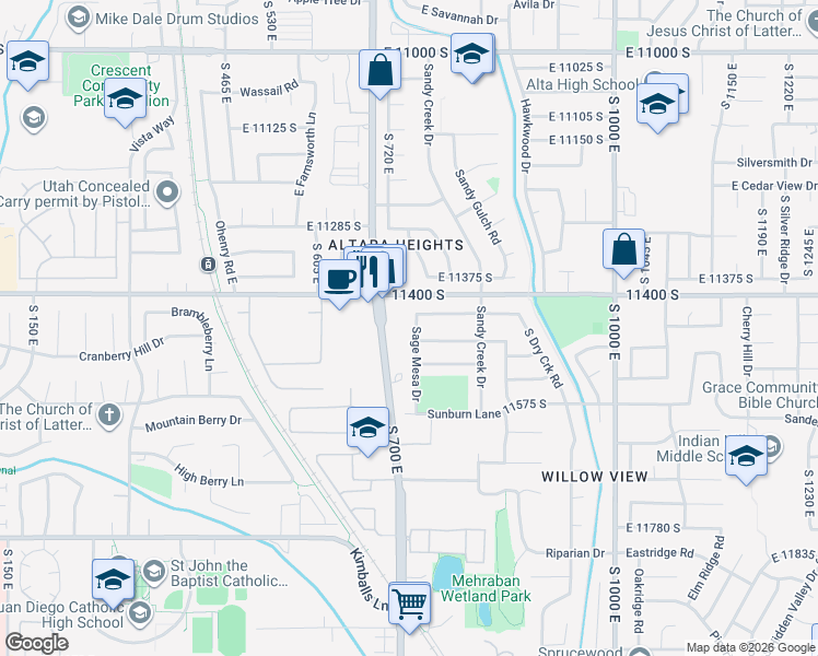 map of restaurants, bars, coffee shops, grocery stores, and more near 11441 700 East in Draper