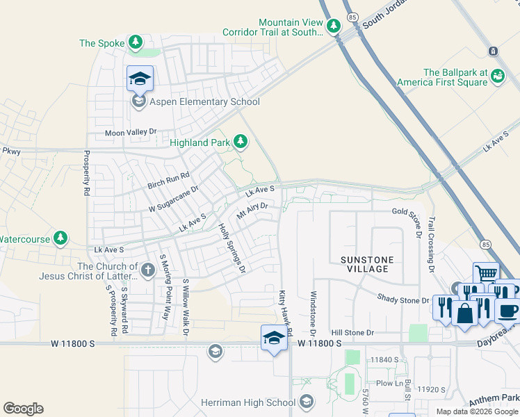 map of restaurants, bars, coffee shops, grocery stores, and more near 6052 Mount Airy Drive in South Jordan