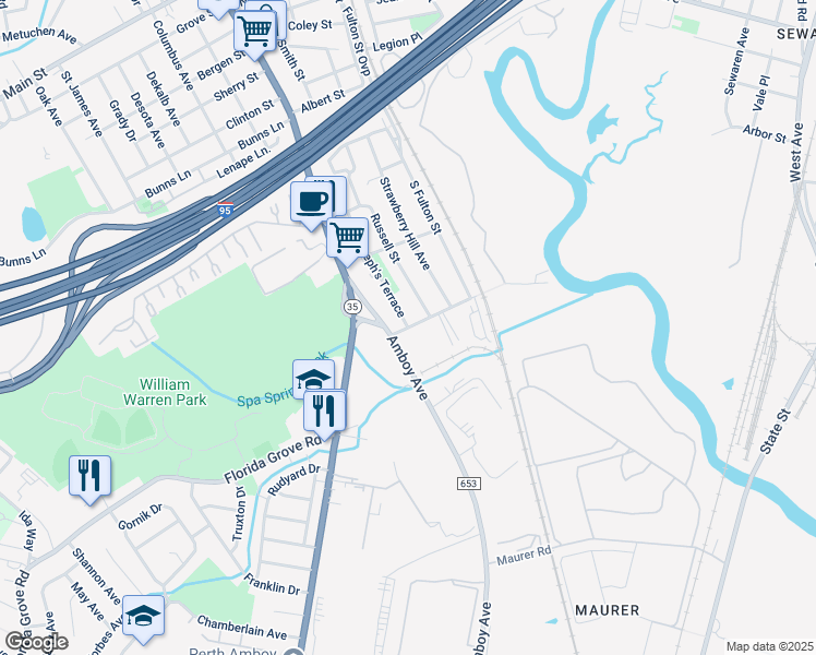 map of restaurants, bars, coffee shops, grocery stores, and more near 2 Amboy Avenue in Woodbridge Township