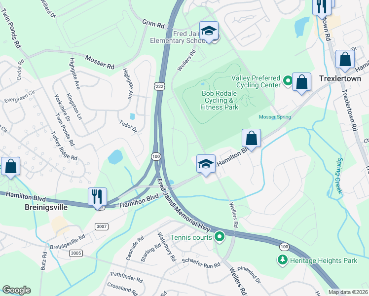 map of restaurants, bars, coffee shops, grocery stores, and more near 1118 Grim Road in Breinigsville