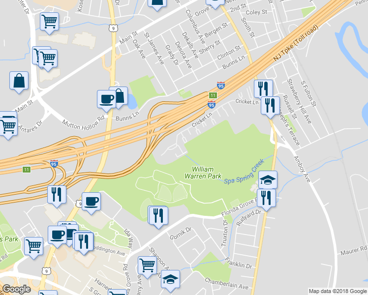 map of restaurants, bars, coffee shops, grocery stores, and more near 721 Cricket Lane in Woodbridge Township