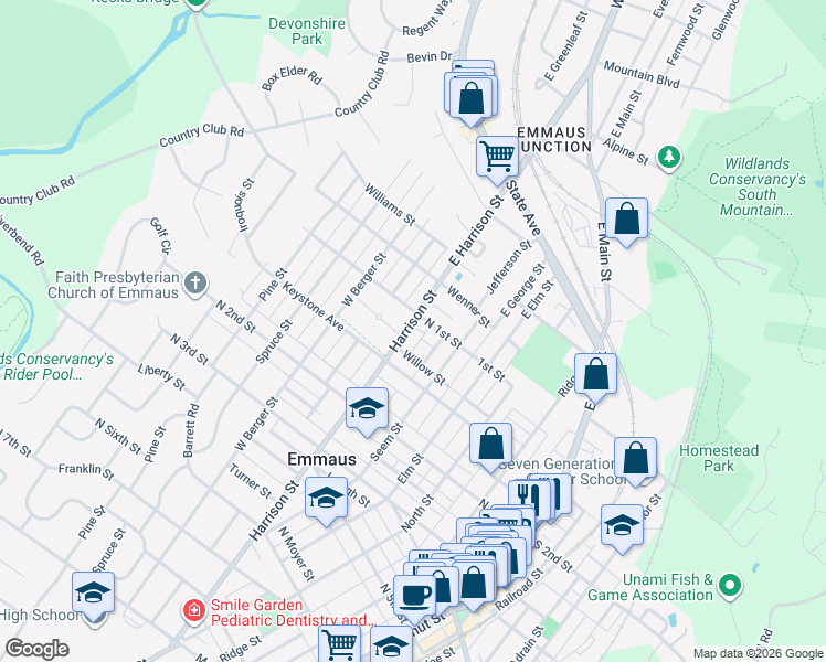map of restaurants, bars, coffee shops, grocery stores, and more near 114 Harrison Street in Emmaus