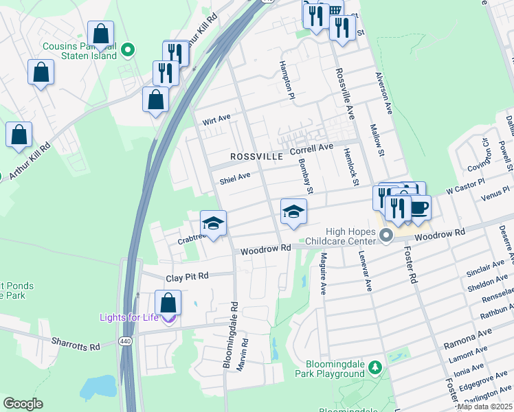 map of restaurants, bars, coffee shops, grocery stores, and more near 305 Mason Boulevard in Staten Island