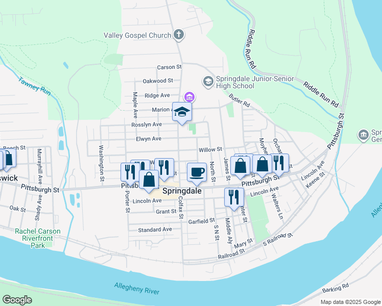 map of restaurants, bars, coffee shops, grocery stores, and more near 614 Willow Street in Springdale