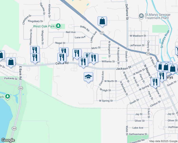 map of restaurants, bars, coffee shops, grocery stores, and more near 1221 Celina Road in Saint Marys