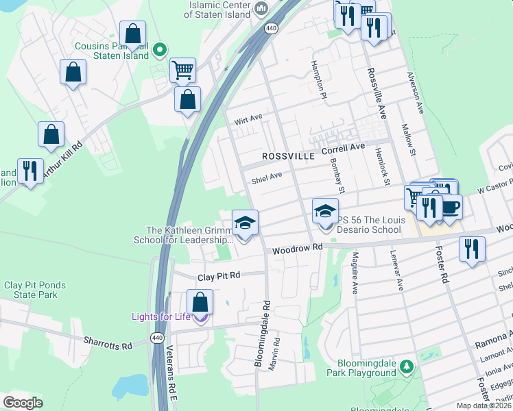 map of restaurants, bars, coffee shops, grocery stores, and more near 707 Bloomingdale Rd in Staten Island