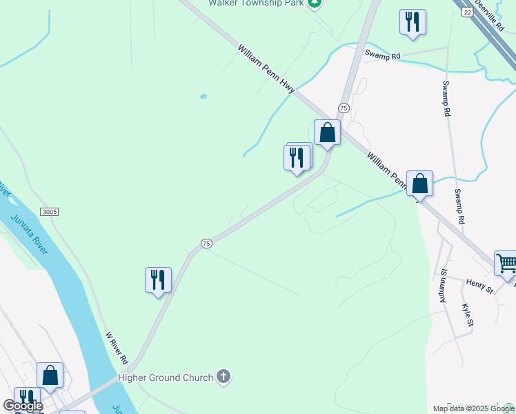 map of restaurants, bars, coffee shops, grocery stores, and more near 27033 Route 75 North in Mifflintown