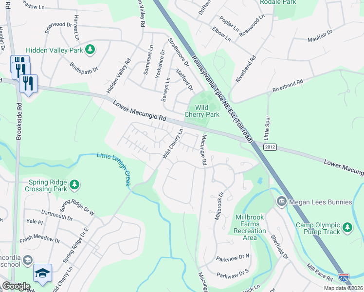 map of restaurants, bars, coffee shops, grocery stores, and more near 4734 Wild Cherry Lane in Macungie
