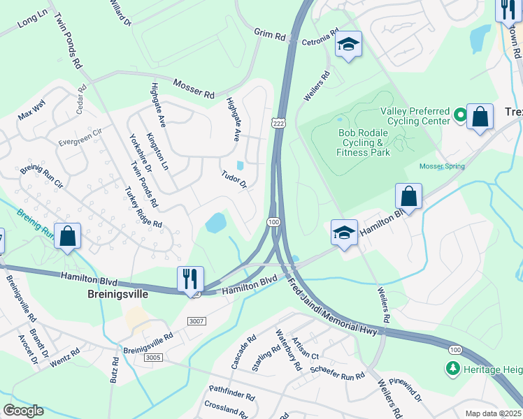 map of restaurants, bars, coffee shops, grocery stores, and more near 1163 Tudor Drive in Breinigsville