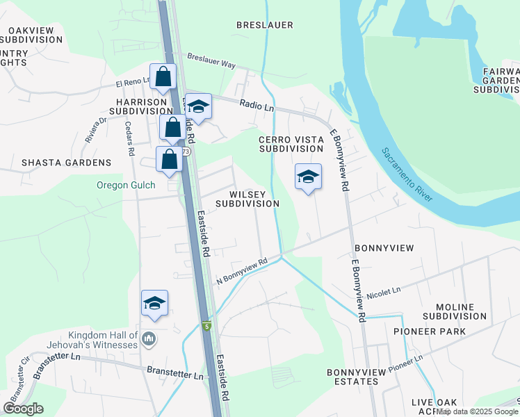 map of restaurants, bars, coffee shops, grocery stores, and more near 4971 Bonnyview Avenue in Redding