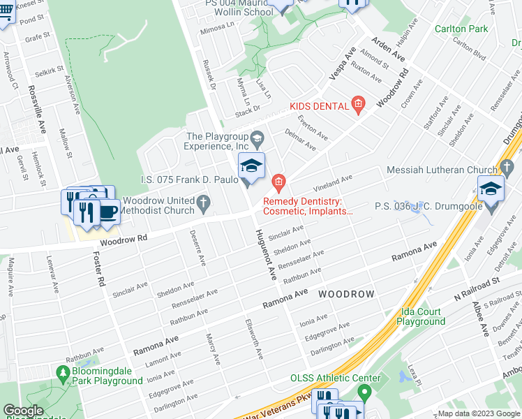 map of restaurants, bars, coffee shops, grocery stores, and more near 566 Vineland Avenue in Staten Island