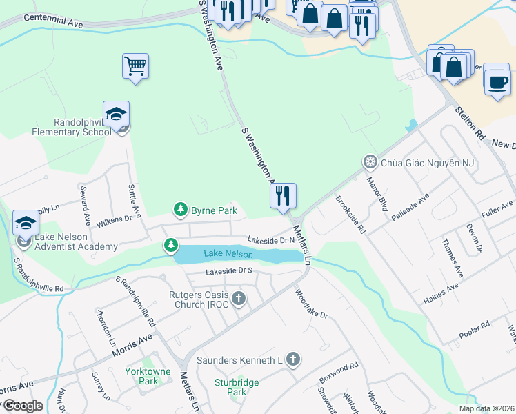 map of restaurants, bars, coffee shops, grocery stores, and more near 76 Woodland Road in Piscataway
