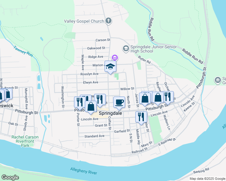 map of restaurants, bars, coffee shops, grocery stores, and more near 614 Willow Street in Springdale
