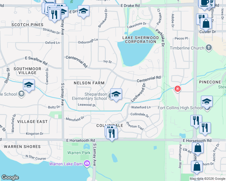map of restaurants, bars, coffee shops, grocery stores, and more near 3242 Pepperwood Lane in Fort Collins