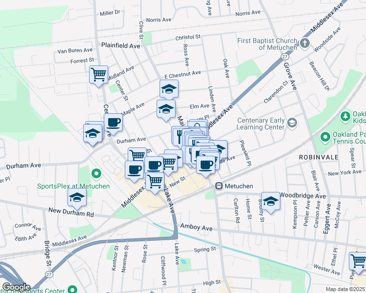 map of restaurants, bars, coffee shops, grocery stores, and more near 544 Middlesex Avenue in Metuchen