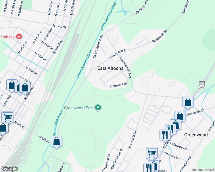 map of restaurants, bars, coffee shops, grocery stores, and more near 608 Clairmont Drive in Altoona