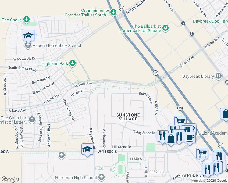 map of restaurants, bars, coffee shops, grocery stores, and more near 5842 Gold Stone Drive in South Jordan