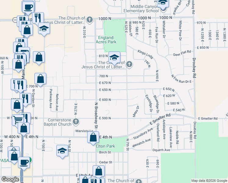 map of restaurants, bars, coffee shops, grocery stores, and more near 464 Valley View Dr in Tooele