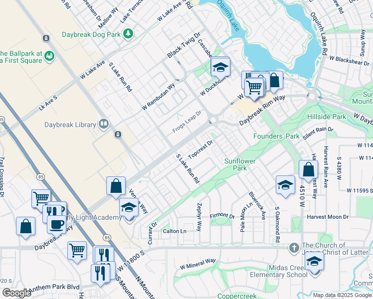 map of restaurants, bars, coffee shops, grocery stores, and more near 4911 West Daybreak Parkway in South Jordan