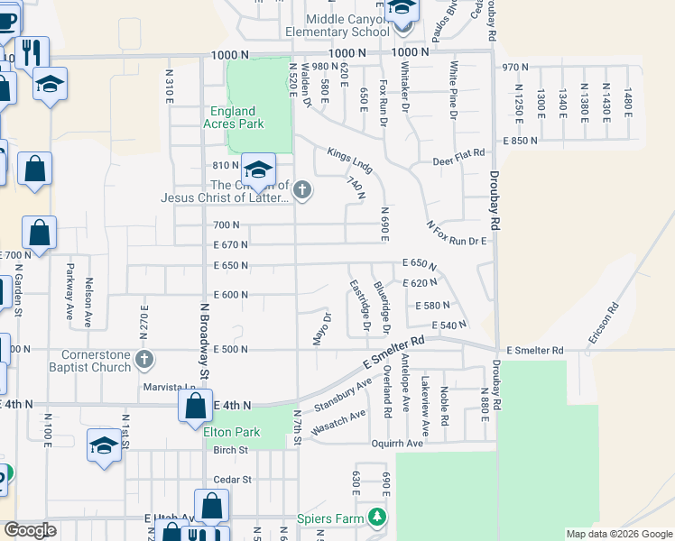 map of restaurants, bars, coffee shops, grocery stores, and more near 672 Eastridge Drive in Tooele