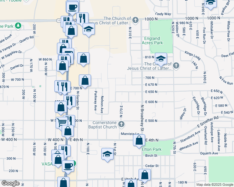 map of restaurants, bars, coffee shops, grocery stores, and more near 646 Eastcrest Avenue in Tooele