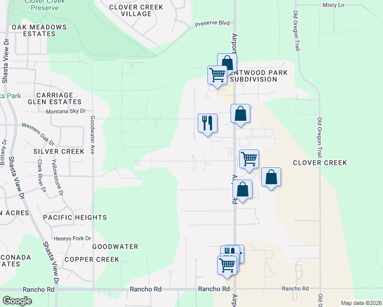 map of restaurants, bars, coffee shops, grocery stores, and more near 20192 Lupine Drive in Redding